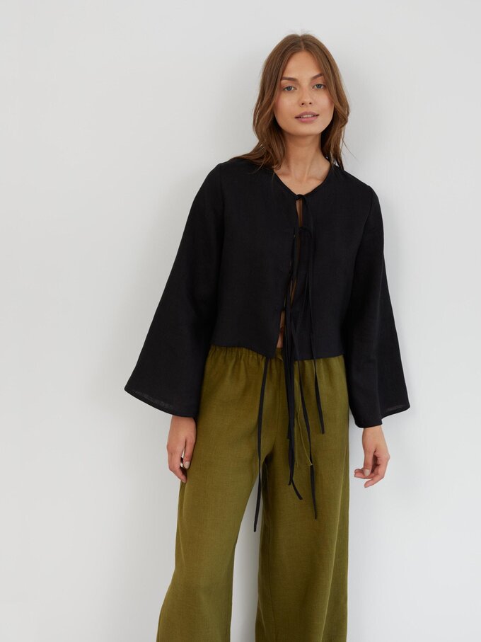 Image 3 of Linen Wide Leg Drawstring Pants in Moss Green LUCAS from Love and Confuse | Handmade Linen Clothing for Women