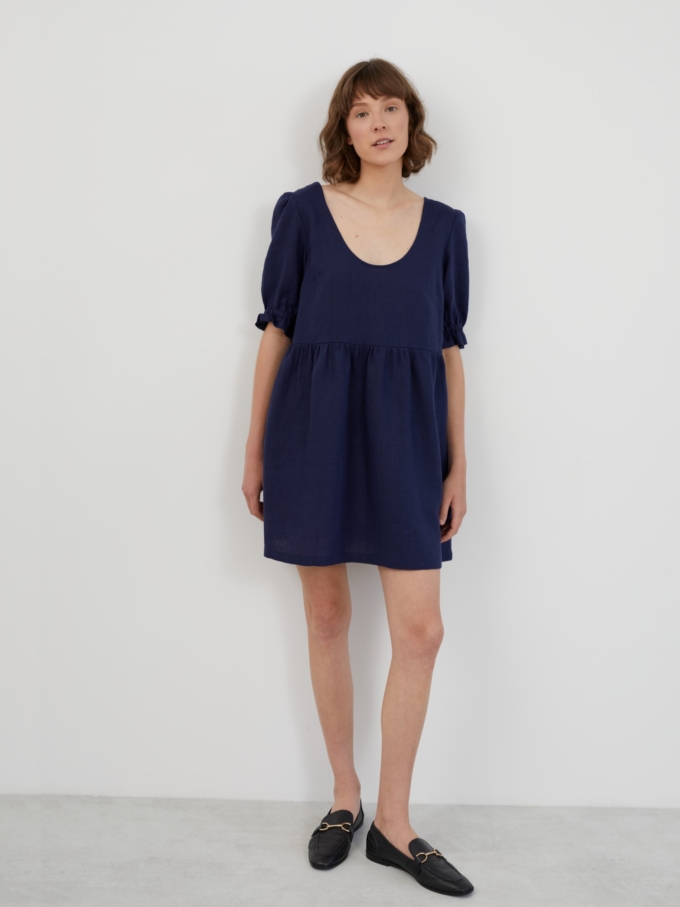 Image 1 of ZAHARA Babydoll Linen Mini Dress in Navy Blue from Love and Confuse