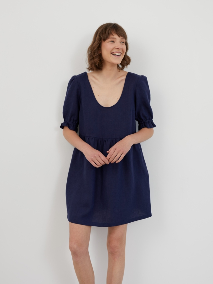 Image 2 of ZAHARA Babydoll Linen Mini Dress in Navy Blue from Love and Confuse