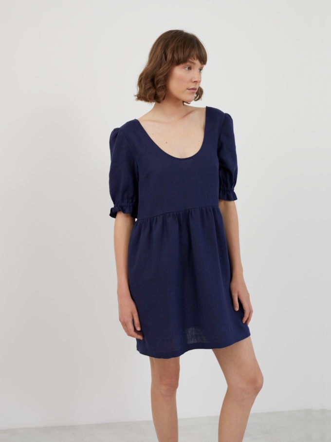 Image 3 of ZAHARA Babydoll Linen Mini Dress in Navy Blue from Love and Confuse