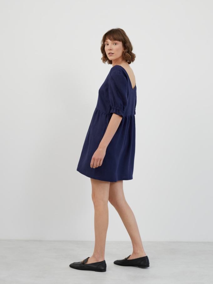 Image 4 of ZAHARA Babydoll Linen Mini Dress in Navy Blue from Love and Confuse