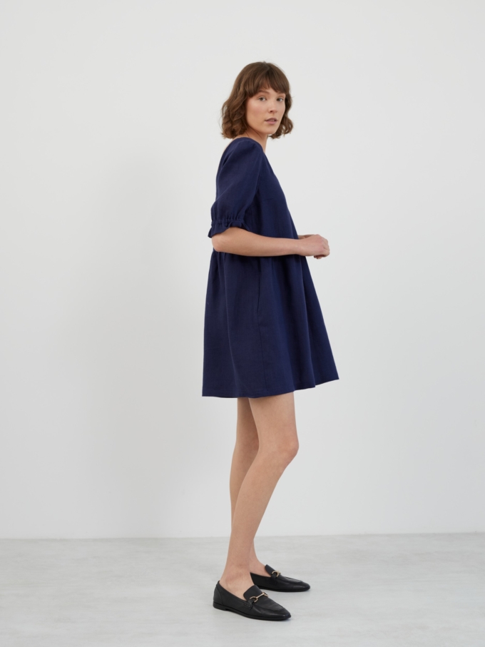 Image 5 of ZAHARA Babydoll Linen Mini Dress in Navy Blue from Love and Confuse